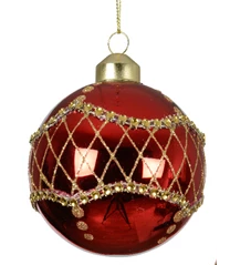 Red Christmas ornament with gold netting and glitter on a white background