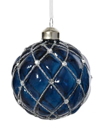 Blue glass ornament with silver lattice pattern on a white background