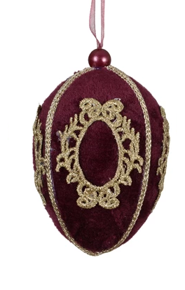 Figure-shaped velvet Christmas baubles in fig with lace decoration and organza ribbon – set of 2