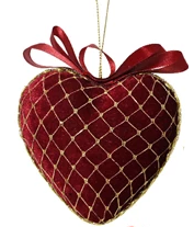 Assorted velvet heart-shaped Christmas ornaments with gold lace and bows