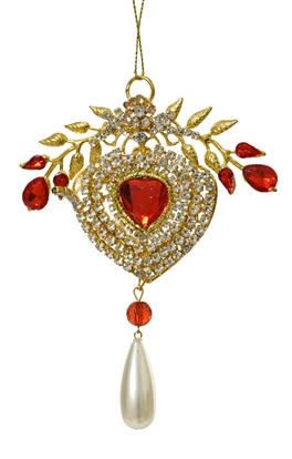 Acrylic heart Christmas ornament with strass stones and gem details – set of 2 assorted designs in red and gold
