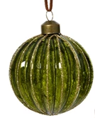 Gold ribbed glass bauble with glitter accents and PU leather ribbon