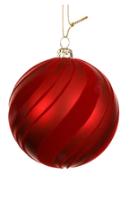 Red polystyrene Christmas bauble with matte finish – one smooth and one with swirl texture, gold metal cap and thread hanger.