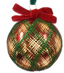 Decorative Christmas ornament with a red bow on a gold and green plaid pattern.
