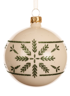 Beige Christmas ornament with green leaf pattern on a white background