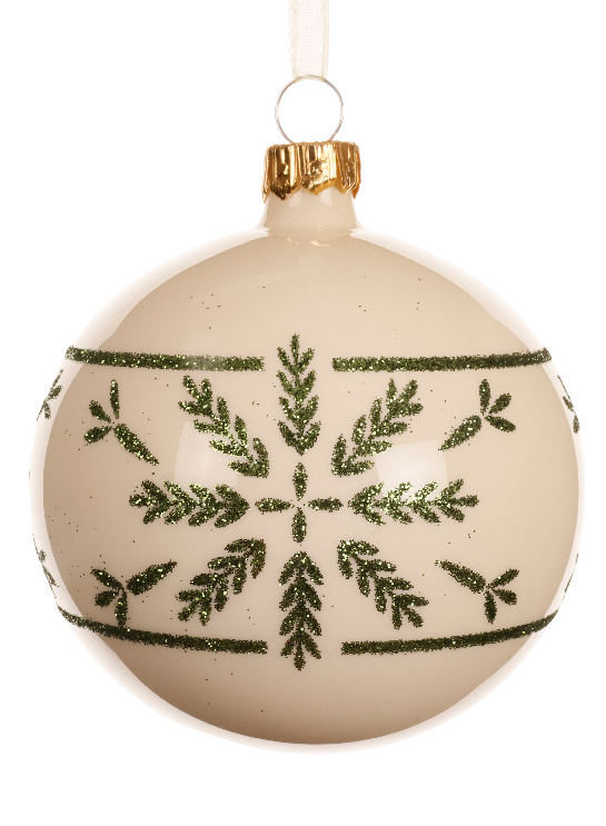 Beige Christmas ornament with green leaf pattern on a white background