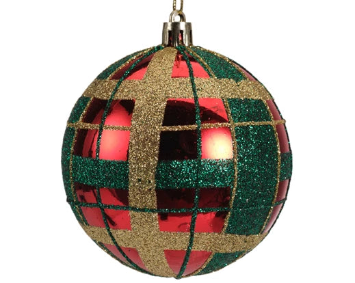 Red and gold shatterproof Christmas bauble with green glitter check pattern – Kaemingk