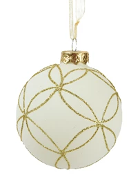 Wool white glass bauble with glitter detail and gold organza ribbon – 8cm, assorted styles