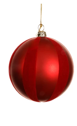 Red polystyrene Christmas bauble with matte finish – one smooth and one with swirl texture, gold metal cap and thread hanger.
