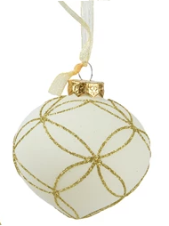 Wool white glass bauble with glitter detail and gold organza ribbon – 8cm, assorted styles