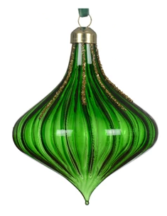 onion glass bauble with transparent finish and velvet hanger green style