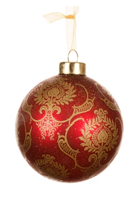 Transparent glass bauble with floral decal, gold cap, and champagne gold organza ribbon – assorted styles