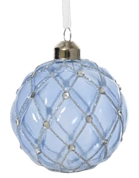 Decorative blue ball ornament with silver netting and rhinestones on a white background