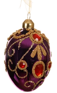 Three luxury egg-shaped glass Christmas baubles with enamel finish, decorated with gold glitter, red beads, and diamond accents – assorted red, oxblood, and fig tones.