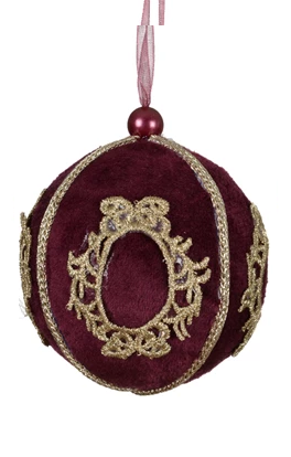 Figure-shaped velvet Christmas baubles in fig with lace decoration and organza ribbon – set of 2