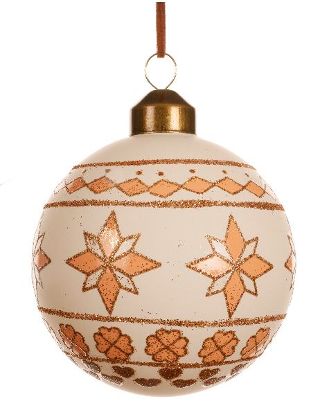 Decorative Christmas ball ornament with star and flower patterns on a white background