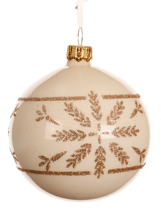 Beige Christmas ornament with gold snowflake pattern on a white background
