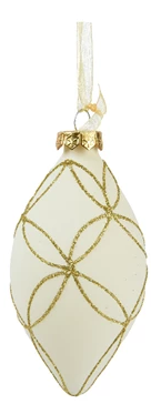 Wool white glass bauble with glitter detail and gold organza ribbon – 8cm, assorted styles