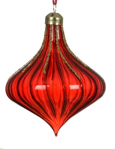 onion glass bauble with transparent finish and velvet hanger in style 3 darker red