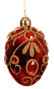 Three luxury egg-shaped glass Christmas baubles with enamel finish, decorated with gold glitter, red beads, and diamond accents – assorted red, oxblood, and fig tones.