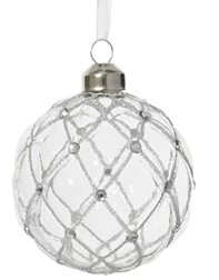 Decorative glass ball ornament with silver mesh design on a white background