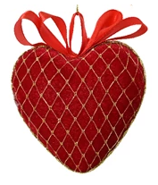 Assorted velvet heart-shaped Christmas ornaments with gold lace and bows