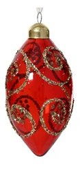 Decorative red Christmas ornament with gold swirls on a white background