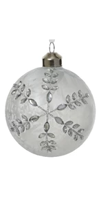 Decorative Christmas ball ornament with silver snowflake design on a white background