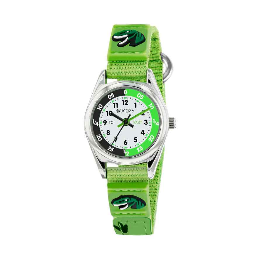 Tikkers Boys Green Fabric Rip Strap Dinosaur Time Teacher Watch