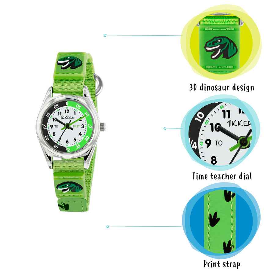 Tikkers Boys Green Fabric Rip Strap Dinosaur Time Teacher Watch