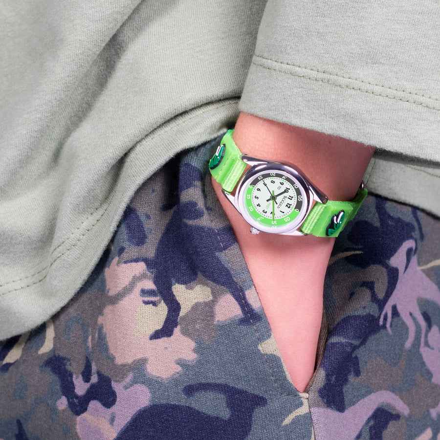 Tikkers Boys Green Fabric Rip Strap Dinosaur Time Teacher Watch
