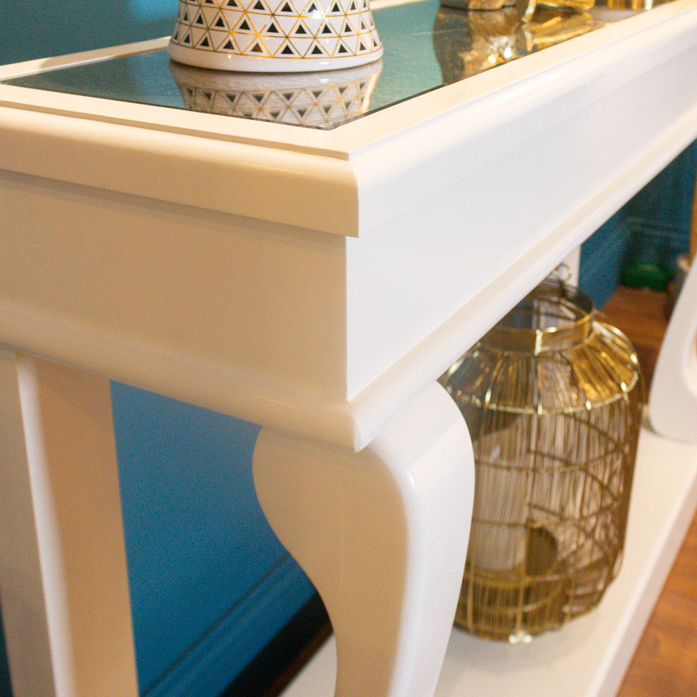 Scroll Console Table – Antique Mirror & Ivory Finish (120 cm) for Irish Hallways