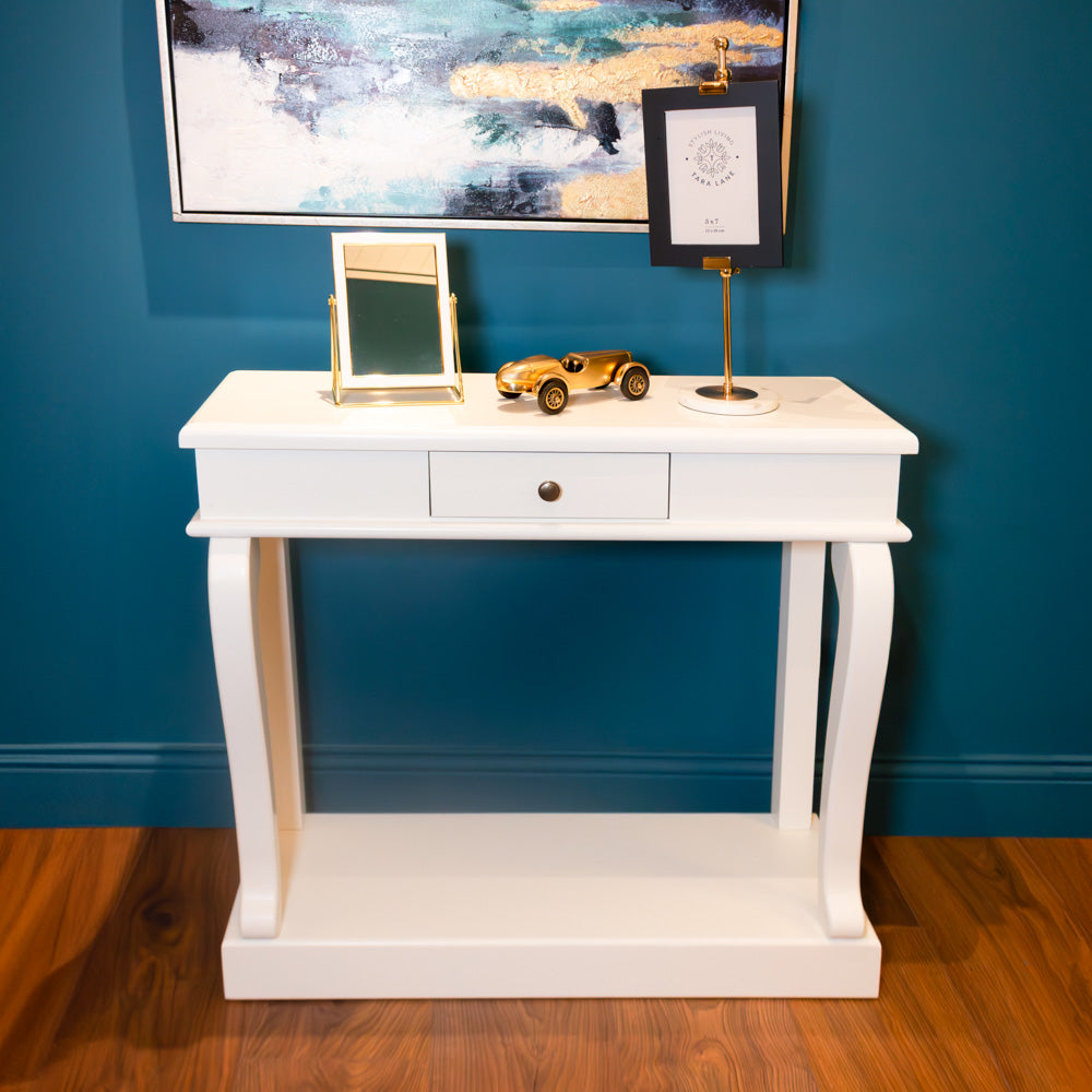 Scroll Console Table with Drawer – Ivory Finish (90 cm) for Irish Living Rooms