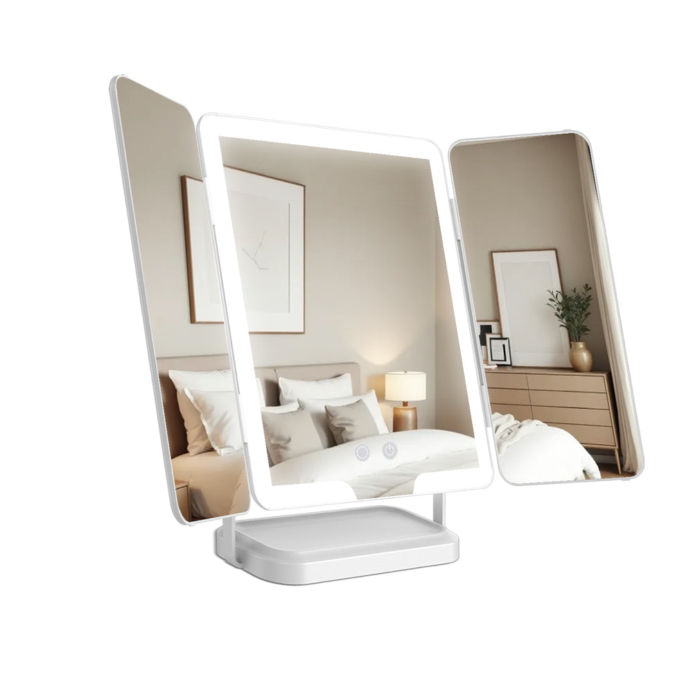 A Hollywood Rechargeable Portable Mirror with a three-angle display stand, showing a bedroom scene in its center mirror, on a solid white background.