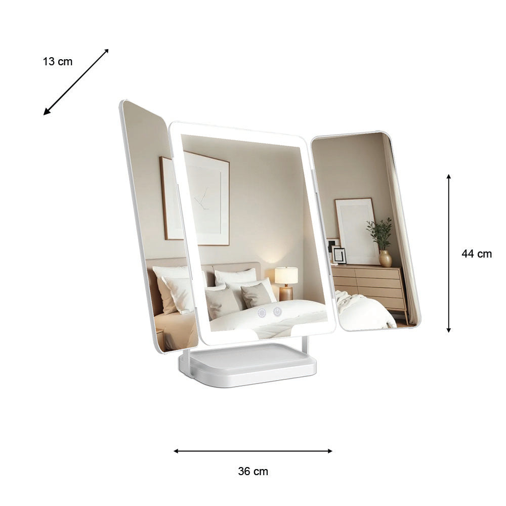 Hollywood Rechargeable Portable Mirror on a white stand with dimension labels showing 36 cm width, 44 cm height, and 13 cm depth on a white background.