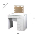 White vanity table with a built-in lighted mirror, shown with dimension annotations indicating 92 cm width, 131 cm height, and 55 cm depth.