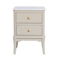 Monroe 2 Drawer Accent Table in Stone with two drawers and brass knobs on a white background