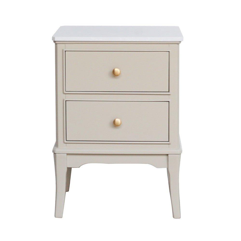 Monroe 2 Drawer Accent Table in Stone with two drawers and brass knobs on a white background