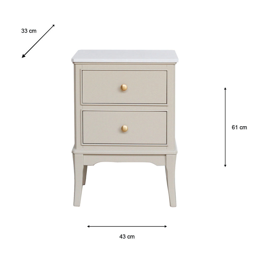 A two-drawer Monroe 2 Drawer Accent Table in Stone in a light beige/cream finish with small gold knobs, shown with dimension arrows and labels indicating 33 cm width, 43 cm depth, and 61 cm height on a white background.