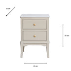 A two-drawer Monroe 2 Drawer Accent Table in Stone in a light beige/cream finish with small gold knobs, shown with dimension arrows and labels indicating 33 cm width, 43 cm depth, and 61 cm height on a white background.