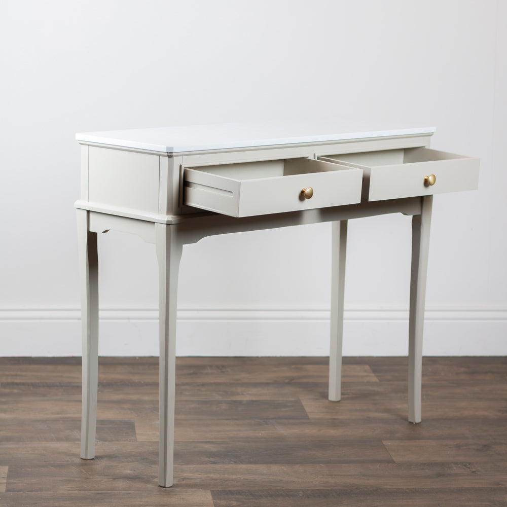 Monroe 2 Drawer Console Table marble top detail with drawer open
