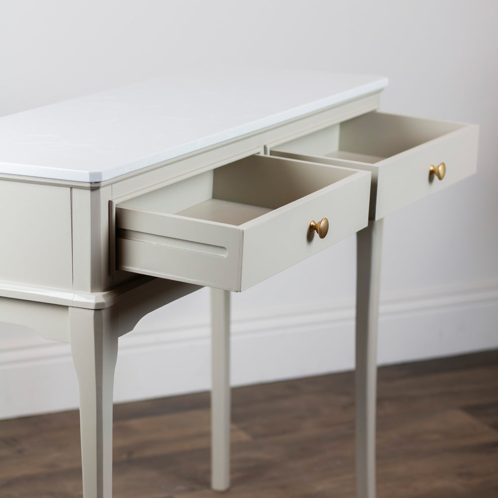 Monroe 2 Drawer Console Table marble top detail close up drawer open