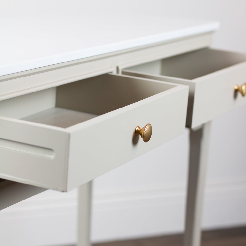 Monroe 2 Drawer Console Table marble top detail zoomed in drawer open