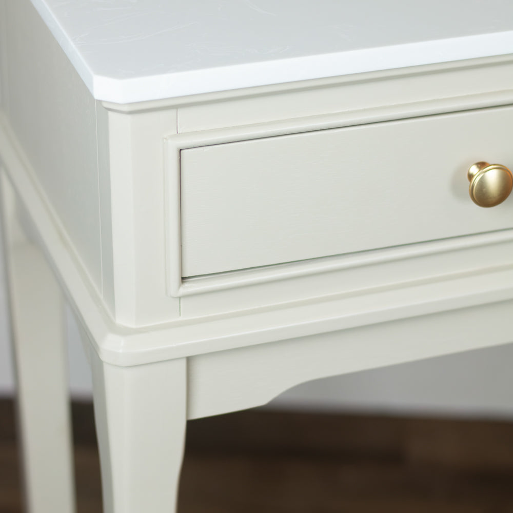 Monroe 3 Drawer Console Table in Stone with a single drawer featuring a round gold knob, set against a neutral background.