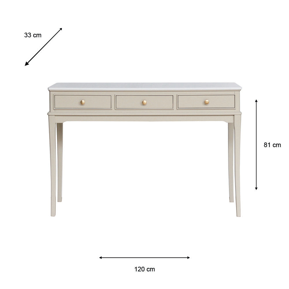A console table with three drawers and gold knobs, shown with dimension annotations indicating 120 cm width, 81 cm height, and 33 cm depth on a white background.
