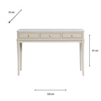 A console table with three drawers and gold knobs, shown with dimension annotations indicating 120 cm width, 81 cm height, and 33 cm depth on a white background.