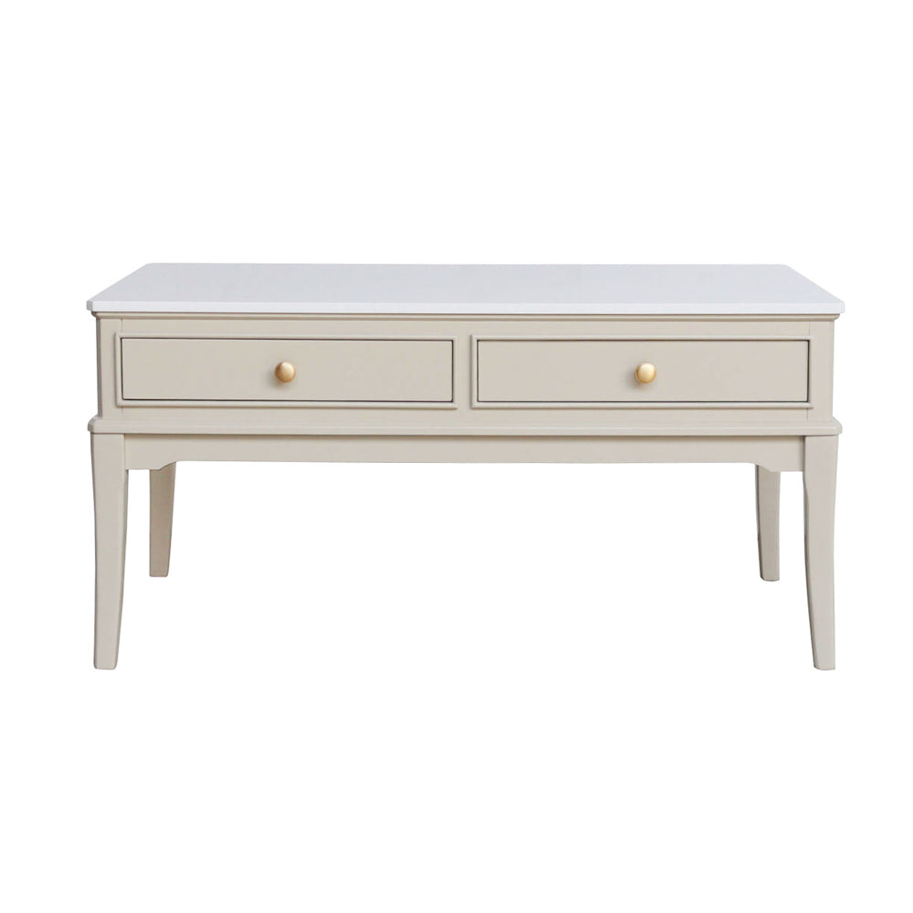Monroe Coffee Table in Stone - full view console table with two drawers, each featuring a round gold pull knob, set against a solid white background.
