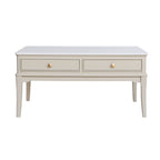 Monroe Coffee Table in Stone - full view console table with two drawers, each featuring a round gold pull knob, set against a solid white background.