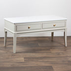 Monroe Coffee Table in Stone with two drawers on a wooden floor