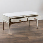 Monroe Coffee Table in Stone with two drawers on a wooden floor